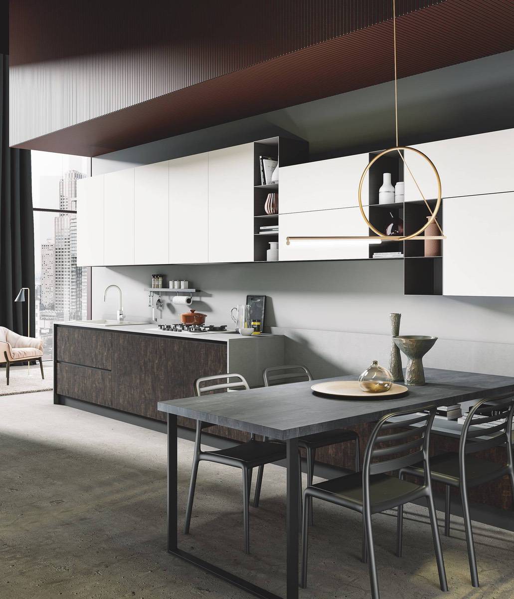 cucina moderna di design Star seta bianco opaco legno bruciato