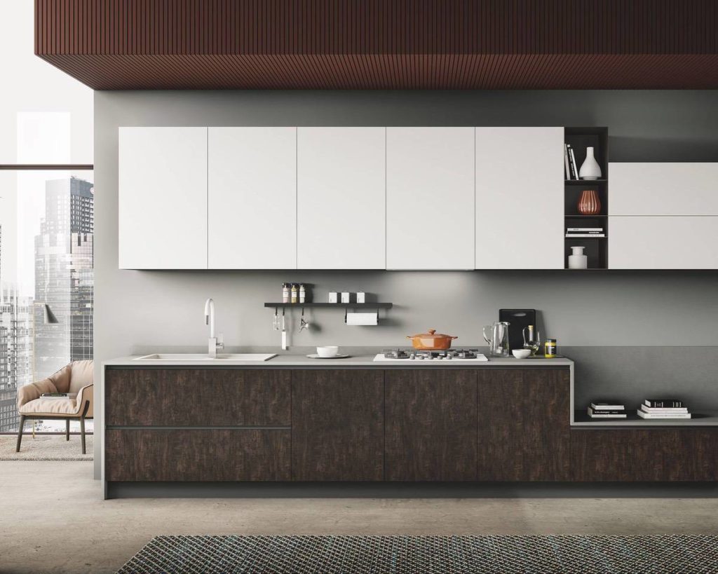 cucina moderna di design Star seta bianco opaco legno bruciato