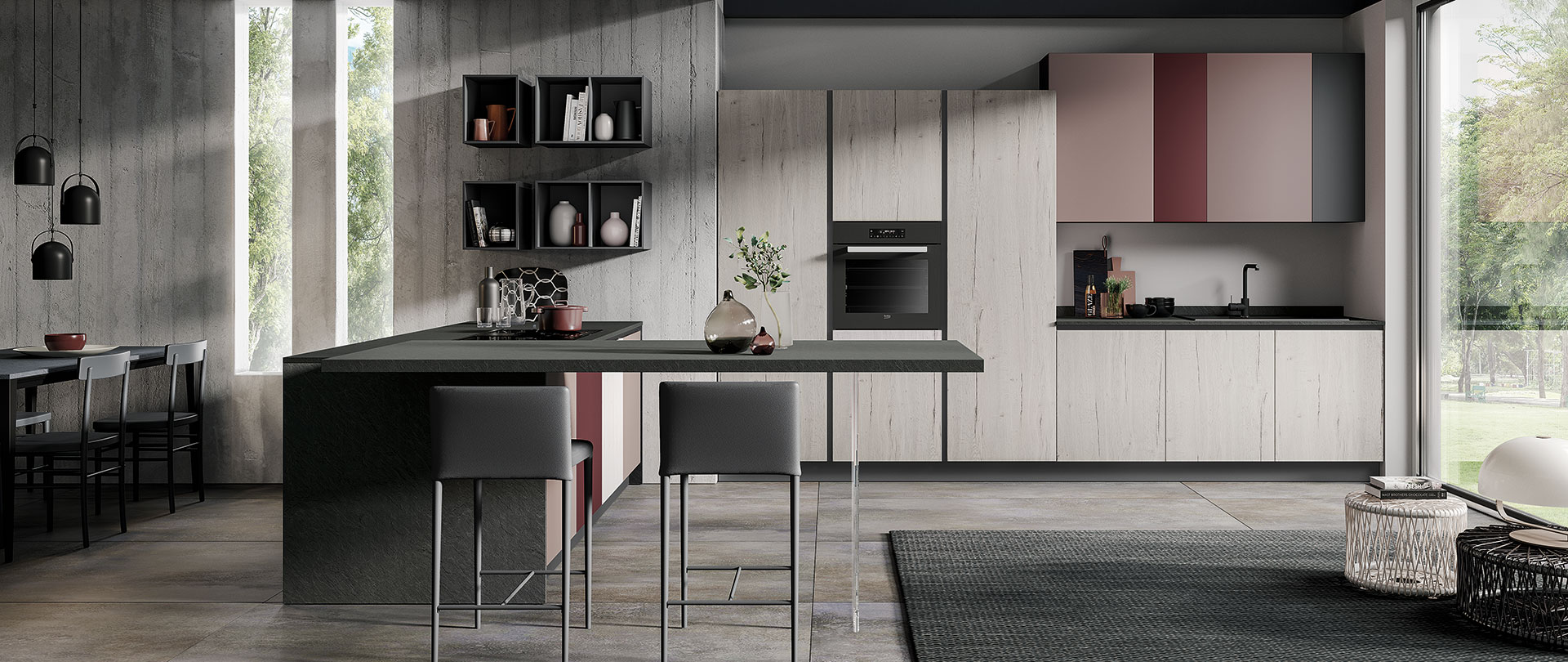 Cucina ergonomica Hilary rovere bianco rosa antico bordeaux grafite
