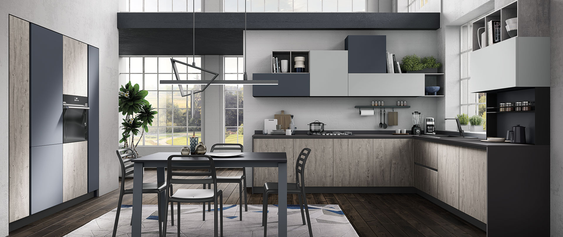 Cucina ergonomica Hilary rovere grigio madreperla blue